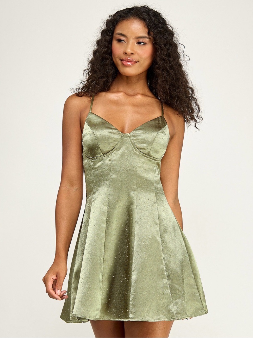 Olive Satin Fit-and-Flare Slip Dress
